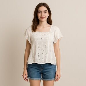 American Eagle Ivory Eyelet Crochet Boho Peasant Top Women’s Medium Sheer Ruffle